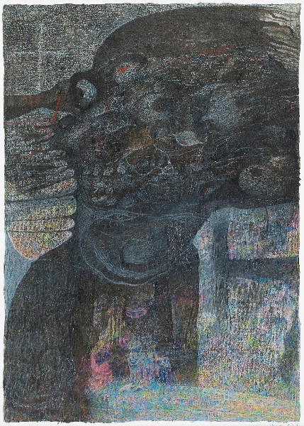 Outsider Art Fair : M'onma, Sans titre, 2005, nk, colored pencil, conte et aquarelle sur papier, 127.5 x 19.5cm. Crédit photo: Cavin Morris Gallery.